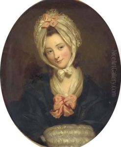 Portrait Of A Lady, Half-length,
 In A Black Dress With Pink Bow And A Lace Cap And Muff, Feigned Oval
