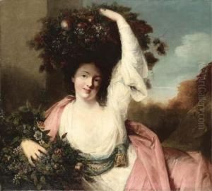 A Young Lady In A White And Pink Dress Carrying Flowers And Fruit A Young Lady In A White And Pink Dress Carrying Flowers And Fruit