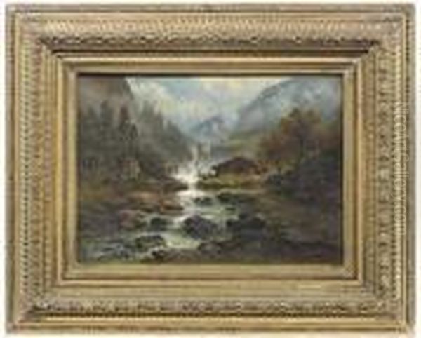 Mountainous Landscape In Fall With A Cascade And A Barnyard - view 1