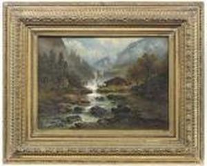 Mountainous Landscape In Fall With A Cascade And A Barnyard by Pieter Francis Peters