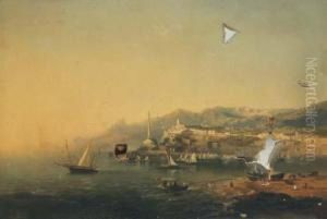 Vessels In A Mediterranean Harbour With Sailing Boats by Pieter Francis Peters