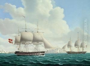 The Danish Frigate "barham" And The American Frigate "constitution" Off Gibraltar by Jacob Petersen