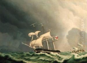 A British And A Danish Frigate Under Reduced Sails In Heavyseas by Jacob Petersen
