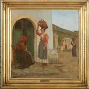 Italien Villagescenery With Women Fetching Water By The Well by Sophie Petersen