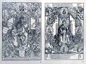 Philosophy an enthroned female figure surrounded by a laurel wreath with verses describing the provinces of Germany by Durer or Duerer, Albrecht