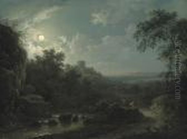 A Moonlit River Landscape With Cattle On A Track - view 1
