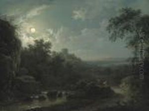 A Moonlit River Landscape With Cattle On A Track