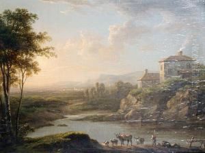 A Cattle Drover On A River Bank, An Extensivelandscape Beyond