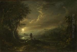 Ra Shepherd And His Flock In A Moonlit Landscape by Abraham Pether