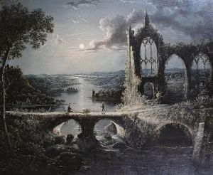 Moonlit River Landscape With Figures On Abridge Before Ruins
