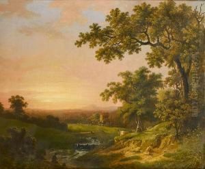 A River Landscape At Sunset With A Fisherman On The Bank In The Foreground by Abraham Pether