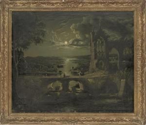 A Moonlit View Of A River With A Ruined Abbey In The Foreground And Figures On A Bridge by Abraham Pether