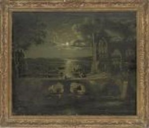 A Moonlit View Of A River With A Ruined Abbey In The Foreground Andfigures On A Bridge by Abraham Pether