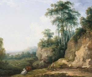 Drover And Cattle By An Outcrop