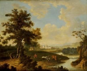 Shepherd Tending His Herd In A Continental Landscape
