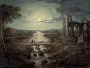 A Moonlit View Of The River
Tweed With Melrose Abbey In The Foreground And Figures On A Bridge by Abraham Pether