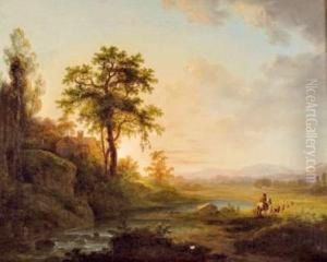 Troupeau Et Cavaliers Dans Un Paysage Au Soleil Couchant by Abraham Pether
