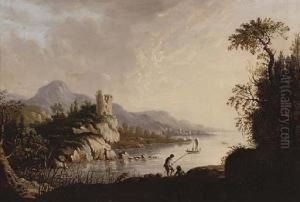 River Landscape With Fishermen In The Foreground, A Castle Beyond by Abraham Pether