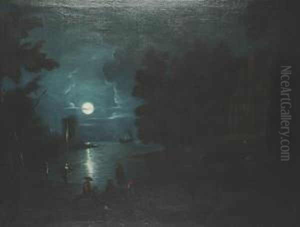 A Moonlit Estuary Scene, With Figures Around A Fire - view 1