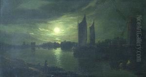 Moonlit River Landscape With Sailing Barges by Abraham Pether