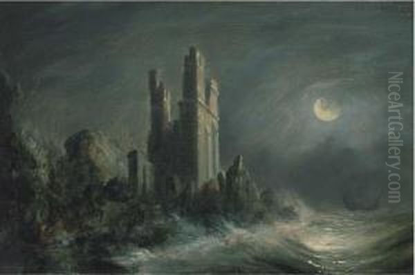 A Ruined Castle On A Stormy Moonlit Coast - view 1