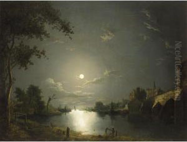 Moonlit River Landscape With A Town By A Bridge - view 1
