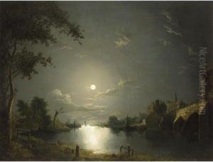 Moonlit River Landscape With A Town By A Bridge thumbnail