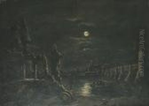 Figures In A Boat In A Moolit River Landscape With A Ruin In The Foreground - view 1