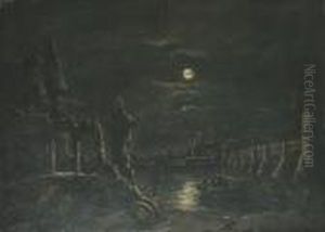 Figures In A Boat In A Moolit River Landscape With A Ruin In The Foreground by Abraham Pether