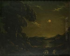 A Moonlit River Landscape With A Solitary Figure Crossing A Bridge In The Foreground by Abraham Pether