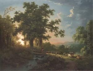 A Wooded River Landscape, With A Faggot Gatherer On A Bridge,cattle And Sheep