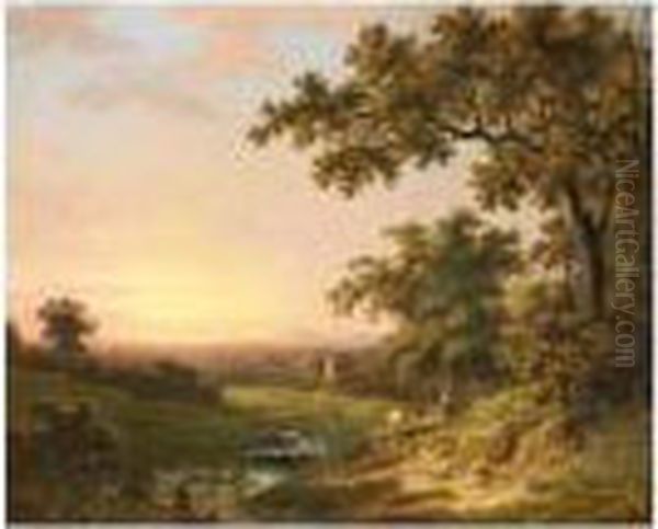Extensive River Landscape At Sunset With A Fisherman In The Foreground - view 1