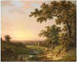 Extensive River Landscape At Sunset With A Fisherman In The Foreground by Abraham Pether