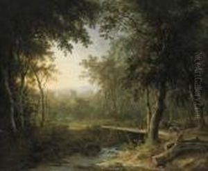 A Figure On A Bridge Before A Village At Dusk by Abraham Pether