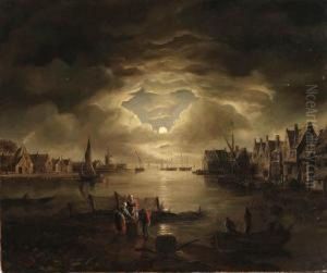 Moonlit River Landscapes With 
Fisherfolk Gathering In Their Catchand Washerwomen By The Shore