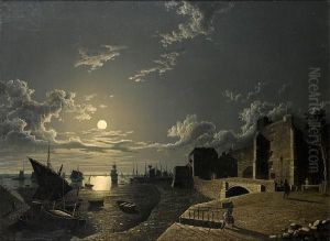 Harbour Scene At Moonlight, Possibly Portsmouth by Henry Pether