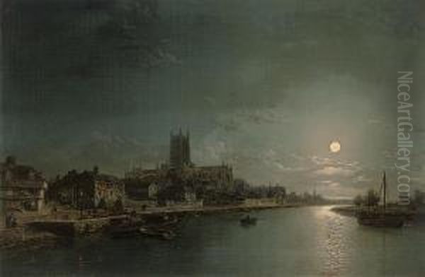 A View Of Worcester Cathedral From The River Severn, By Moonlight - view 1