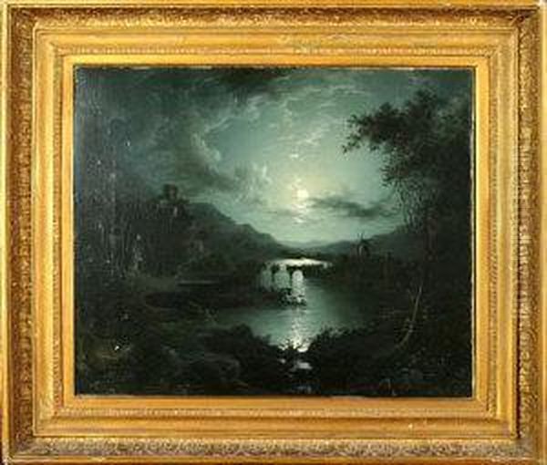 A Moonlit Landscape With A Ruined Bridge And A Windmill. - view 1