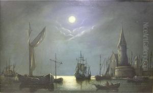Moonlit Coastalscene, Oil On Panel