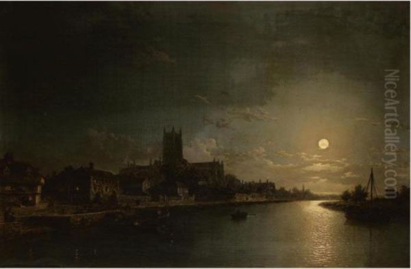 Moonlight On The River Severn With Worcester Cathedral - view 1