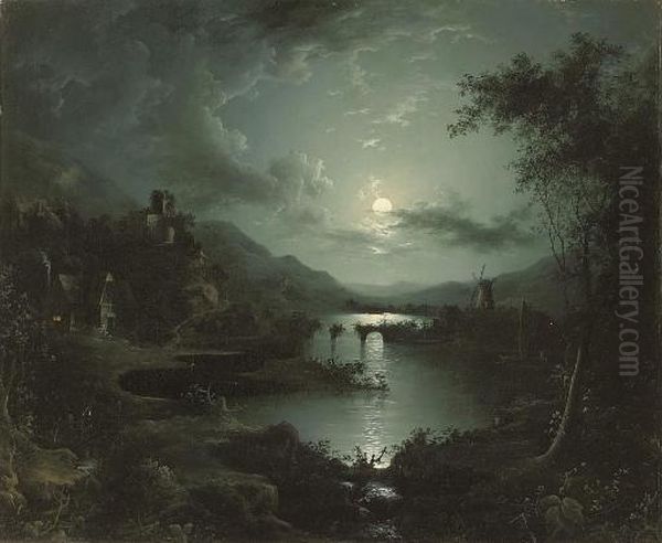 A Cottage And Castle Along A Moonlit River, A Windmill Beyond - view 1