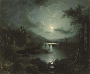 A Cottage And Castle Along A Moonlit River, A Windmill Beyond by Henry Pether