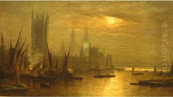 Houses Of Parliament And London Bridge Under Moonlight - view 1