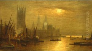 Houses Of Parliament And London Bridge Under Moonlight by Henry Pether