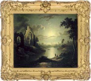 Figures In A Moonlit River Landscape, A Church Ruin Beyond