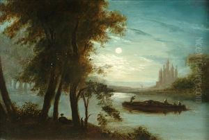 River Scene Withfigures On A Bargae By Moonlight by Henry Pether