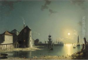 A View Of Southampton Harbour By Moonlight, With Buildings And Shipyards