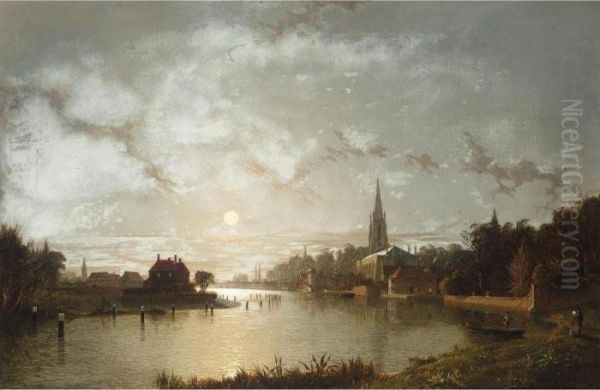 View Of Marlow From The Thames By Moonlight - view 1