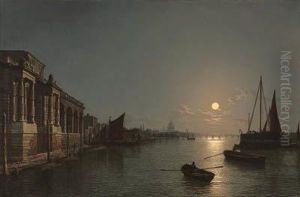 View On The Thames By Moonlight,
With The Terrace Of Somerset Housein The Foreground, And St. Paul's
Cathedral And The City Gatehousebeyond by Henry Pether