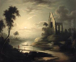 Figures In A Moonlit River Landscape With A Ruined Abbeybeyond by Henry Pether